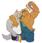  2023 abs anthro arm_around_shoulders barazoku bear biceps big_muscles bottomwear canid canine canis claws clothed clothing duo eyebrows eyes_closed eyewear flag fur glasses hi_res holding_flag holding_object kemono lgbt_pride male mammal muscular muscular_anthro muscular_male nipples obliques open_mouth open_smile overalls overalls_only pants peapeafur pecs pride_color_flag pride_colors rainbow_pride_colors serratus shirt simple_background smile standing tank_top teeth tongue topwear tuft white_background wolf 