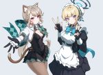  1girl 2girls animal_ear_fluff animal_ears apron belt black_dress black_gloves black_leotard blonde_hair blue_archive blue_background blue_eyes bow bowtie braid breasts brown_hair brown_pantyhose bun_cover cat_ears cat_girl cat_tail cleavage closed_mouth crossover double_v dress earpiece feet_out_of_frame fingerless_gloves genshin_impact gloves hair_bun highres hr.r juliet_sleeves leotard long_hair long_sleeves lynette_(genshin_impact) maid_apron maid_headdress microphone multiple_girls pantyhose pouch puffy_sleeves reaching reaching_towards_viewer short_hair shrug_(clothing) simple_background small_breasts solo tail toki_(blue_archive) v 