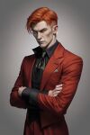  1boy absurdres ai-generated black_shirt highres larten_crepsley necktie non-web_source orange_hair red_suit shirt short_hair suit tall_male the_saga_of_darren_shan the_saga_of_larten_crepsley vampire 