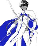  1boy absurdres arjuna_(fate) arrow_(projectile) bow_(weapon) cleavage_cutout clothing_cutout dark-skinned_male dark_skin fate/grand_order fate_(series) feet_out_of_frame gloves greyscale hair_between_eyes highres holding holding_bow_(weapon) holding_weapon long_sleeves looking_at_viewer male_focus monochrome pelvic_curtain potato_goril short_hair simple_background solo spot_color standing weapon white_gloves 