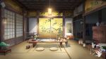  artist_logo bonsai cushion highres indoors katana lantern no_humans original painting_(object) scenery scroll shelf shouji sliding_doors sword table weapon xingzhi_lv 