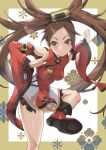  1girl bare_shoulders brown_hair chinese_clothes doughnut_hair_bun guilty_gear guilty_gear_xrd hair_bun highres kicking kuradoberi_jam long_hair long_sleeves looking_at_viewer sato_one1 yellow_eyes 