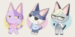  3boys :&lt; :3 animal_crossing arm_behind_back arms_up artist_name black-framed_eyewear blue_background blue_necktie blue_shirt bob_(animal_crossing) buttons cat_boy closed_mouth collared_shirt commentary_request dress_shirt floral_print furry furry_male glasses green_eyes grey_hair grey_vest hand_up heterochromia long_sleeves looking_at_viewer male_focus multiple_boys necktie pink_background pink_shirt print_shirt punchy_(animal_crossing) raglan_sleeves raymond_(animal_crossing) shirt short_sleeves signature simple_background smile uomiya_naname vest white_background white_shirt wing_collar yellow_background yellow_eyes 