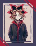  1boy alternate_costume black_hair blonde_hair chiinosuke commentary_request hands_in_pockets highres hood hoodie jacket looking_at_viewer male_focus medium_hair multicolored_hair open_clothes open_jacket red_eyes red_hair red_hoodie smile solo upper_body winter_clothes yami_yuugi yu-gi-oh! yu-gi-oh!_duel_monsters 