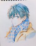  1boy black_hair blue_scarf coat doodles highres jacket looking_at_viewer makabe_masamune male_focus masamune-kun_no_revenge notebook scarf simple_background sketch solo striped striped_scarf tiv traditional_media white_background winter_clothes winter_coat 