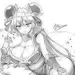  1girl absurdres arm_armor armor ass blush breasts cat_(nyanko_daisensou) china_dress chinese_clothes dress dumpling food gloves grey_eyes grey_hair highres holding holding_food large_breasts long_hair looking_at_viewer monochrome nyanko_daisensou pai-pai_(nyanko_daisensou) signature tongue tongue_out user_ktrx7538 