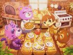  1boy 3girls :3 :d ^_^ animal_crossing bag bear_girl bench blue_dress blush blush_stickers bone_print brick_oven brick_wall brown_eyes brown_hair cake cat_girl cherry claudia_(animal_crossing) clay_(animal_crossing) closed_eyes closed_mouth collared_shirt commentary_request cookie cooking_pot counter crumbs cup cupcake drawer dress eyelashes felicity_(animal_crossing) firewood floral_print food fork frilled_dress frills fruit furry furry_female furry_male gem hamster_boy hand_up holding holding_cup holding_fork holding_tray indoors kitchen knife ladle leaf long_sleeves megan_(animal_crossing) multiple_girls on_bench open_mouth oven pie pinafore_dress pineapple_print pitcher_(container) placemat plaid plaid_dress plant plate print_dress print_sleeves purple_dress purple_gemstone rolling_pin see-through see-through_sleeves shirt short_hair short_sleeves sitting sleeveless sleeveless_dress smile spatula standing steam stone_floor storage_pot stove suyu38 t-shirt table tea teacup teapot thumbprint_cookie tiger_girl tray utensil_rack white_shirt wooden_table yellow_dress yellow_shirt 