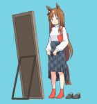  1girl alternate_costume animal_ears bag black_skirt blue_background blue_eyes breasts brown_hair casual closed_mouth full-length_mirror full_body grass_wonder_(umamusume) handbag horse_ears horse_girl horse_tail loafers long_hair long_sleeves looking_down oishi_oiru red_socks shirt shoes simple_background skirt skirt_hold small_breasts socks solo standing tail umamusume unworn_shoes white_shirt 