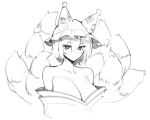  1641_(chfhrtor94) 1girl bare_shoulders breasts cleavage closed_mouth commentary fox_tail greyscale hair_between_eyes hat kitsune korean_commentary large_breasts mob_cap monochrome multiple_tails short_hair simple_background solo tail touhou upper_body yakumo_ran 