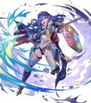  1girl armor attack axe black_leotard blue_cape blue_eyes blue_hair cape family_crest fire_emblem fire_emblem_awakening fire_emblem_heroes highres holding holding_axe holding_shield leotard long_hair lucina_(fate&#039;s_resolve)_(fire_emblem) lucina_(fire_emblem) no_pants non-web_source official_alternate_costume official_art open_mouth red_cape shield solo teeth tiara v-shaped_eyebrows 