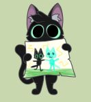  ambiguous_gender black_body domestic_cat drawing drawing_in_a_drawing felid feline felis gooblie_2 green_background green_sclera head_tuft holding_object holding_paper looking_at_viewer low_res mammal paper semi-anthro simple_background solo tail tuft 