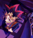  2boys backpack bag black_hair blonde_hair building chiinosuke cityscape commentary_request hallway highres indoors male_focus medium_hair millennium_puzzle multicolored_hair multiple_boys mutou_yuugi night red_eyes red_hair window yami_yuugi yu-gi-oh! yu-gi-oh!_duel_monsters 