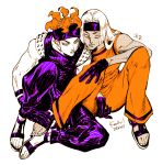  1boy 1girl bad_id bad_tumblr_id dated eyelashes gloves headband hime_cut jojo_no_kimyou_na_bouken jumpsuit kotteri long_hair looking_to_the_side orange_hair orange_jumpsuit purple_gloves purple_headband purple_jumpsuit short_hair simple_background sitting squalo striped tiziano vertical_stripes 