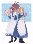  2girls :d alcremie alcremie_(strawberry_sweet) alternate_costume apron black_footwear blonde_hair blue_dress blue_eyes blush brown_hair commentary_request dated dress enmaided grey_pantyhose hat highres hilda_(pokemon) hime_(himetya105) long_sleeves maid maid_headdress multiple_girls open_mouth pantyhose pokemon pokemon_bw pokemon_xy polteageist serena_(pokemon) shoes sideocks smile standing tray waist_apron white_apron white_headwear 