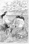  3girls artist_name black_hair border breasts cloud cloudy_sky commentary english_commentary fins graphite_(medium) greyscale highres jewelry lightning looking_at_another mermaid monochrome monster_girl multiple_girls navel original pirate pirate_ship rain rock scales sky storm_cloud stormy_waters terrymooreart topless traditional_media treasure_chest western_comics_(style) white_border 