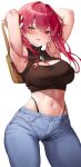  1girl :p absurdres armpits arms_up bag breasts casual cleavage cleavage_cutout clothing_cutout cowboy_shot crop_top denim handbag highres holding holding_bag hololive houshou_marine jeans large_breasts midriff navel navel_piercing pants panty_straps piercing raag_jp red_eyes red_hair simple_background skindentation sleeveless sleeveless_turtleneck solo stomach tongue tongue_out turtleneck twintails virtual_youtuber white_background yellow_eyes 