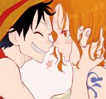  1boy 1girl aji_of_aji55 arm_tattoo black_hair blush clenched_teeth closed_eyes commentary_request couple hand_on_another&#039;s_face hat hetero highres monkey_d._luffy nami_(one_piece) noses_touching one_piece orange_eyes orange_hair short_hair smile straw_hat tattoo teeth upper_body 