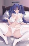  1girl bare_shoulders bed blue_archive blush bra breasts cameltoe cleavage gloves hair_ornament half_gloves halo highres large_breasts long_hair looking_at_viewer lying mrnn navel on_back on_bed panties pillow purple_eyes purple_hair sidelocks smile solo spread_legs thighhighs two_side_up underwear white_bra white_gloves white_panties white_thighhighs yuuka_(blue_archive) 