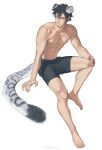  1boy absurdres animal_ears barefoot black_hair boxers bulge earrings facial_hair feijio_yizhi fingernails goatee hair_between_eyes hand_on_own_knee highres invisible_chair jewelry kemonomimi_mode leopard_boy leopard_ears leopard_tail long_sideburns looking_at_viewer male_focus male_underwear nipples one_piece parted_lips short_hair sideburns simple_background sitting solo tail toenails toned toned_male trafalgar_law underwear weibo_logo white_background 