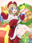  1girl :d absurdres alternate_costume bare_shoulders belt blonde_hair blue_eyes boots box christmas commentary_request dress eyelashes gift gift_box hair_between_eyes hairband hands_up happy highres irida_(pokemon) knees looking_at_viewer mikan_(mikan_no_happa) mittens open_mouth pokemon pokemon_legends:_arceus red_dress red_footwear red_hairband red_mittens smile solo sparkle tongue 
