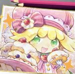  1girl amitie_(puyopuyo) art_tools_in_frame blonde_hair border bow cake doradorakingyo food fork fruit green_bracelet green_eyes highres holding holding_fork holding_plate looking_at_viewer pink_bow pink_headwear plate puyopuyo puyopuyo_fever puyopuyo_quest short_hair solo strawberry striped striped_bow traditional_media white_border 