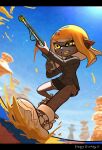  1girl bike_shorts blonde_hair blue_sky classic_squiffer_(splatoon) commentary_request eyebrow_cut full_body grey_shirt gun highres holding holding_gun holding_weapon inkling inkling_girl medium_hair open_mouth paint pointy_ears shaded_face shadow shirt shoes sky solo splatoon_(series) splatoon_3 sunlight teeth tkhrskrrmy v-shaped_eyebrows weapon white_footwear yellow_eyes 