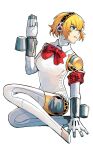  1girl aegis_(persona) android armband blonde_hair blue_eyes bow bowtie breasts detached_collar drum_magazine full_body gun hand_on_floor highres joints kuki_tan looking_to_the_side magazine_(weapon) medium_breasts no_feet on_floor persona persona_3 red_armband red_bow red_bowtie robot_joints s.e.e.s short_hair simple_background solo weapon white_background 