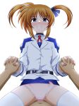  belt belt_buckle blush brown_hair buckle buttons dark-skinned_male dark_skin eyebrows_hidden_by_hair grin hair_ribbon highres holding_hands long_sleeves looking_at_viewer lyrical_nanoha mahou_shoujo_lyrical_nanoha navel oshimaru026 panties pink_panties purple_eyes red_ribbon ribbon short_twintails sidelocks simple_background skirt smile solo_focus sweatdrop takamachi_nanoha tsab_air_military_uniform twintails underwear white_background 