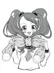  aji_fry blush commentary_request eyelashes food-themed_hair_ornament greyscale hair_ornament highres ichigozaka_middle_school_uniform kirakira_precure_a_la_mode long_hair looking_at_viewer magical_girl monochrome open_mouth pom_pom_(clothes) precure scarf school_uniform solo strawberry_hair_ornament twintails usami_ichika 