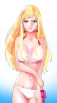  asymmetrical_bikini bare_shoulders bikini blonde_hair blue_eyes breasts collarbone earrings gigi_andalusia gundam gundam_hathaway&#039;s_flash highres jewelry long_hair looking_at_viewer medium_breasts mugicha_(zoro1132) navel side-tie_bikini_bottom sidelocks swimsuit very_long_hair white_bikini 