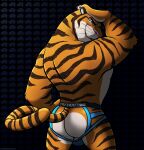  2023 absurd_res anthro bedroom_eyes bulge butt clothed clothing disney ethancostas felid fur hi_res jockstrap jockstrap_only looking_at_viewer looking_back looking_back_at_viewer male mammal narrowed_eyes orange_body orange_fur pantherine perineum pinup pose rear_view seductive solo striped_body striped_fur stripes tail text text_on_clothing text_on_jockstrap text_on_underwear tiger tiger_dancer_(zootopia) topless underwear underwear_only zootopia 