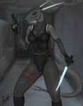  anthro clothing cosplay dino_crisis dragon female foidile gloves gun handwear hi_res horn knife one-piece_swimsuit ranged_weapon red_eyes regina_(dino_crisis) scales scalie solo swimwear tactical_gear weapon 