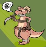 angry ankle_cuffs anthro bandeau belt belt_pouch bottomwear clothing collar cuff_(restraint) dagger digital_media_(artwork) female flat_chested front_view gloves handwear horn kobold loincloth melee_weapon navel piko_(simplifypm) restraints saybingryph scalie shackles short_stack solo speech_bubble spots tail thick_tail topwear weapon wrist_cuffs 