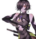  1girl bare_shoulders belt belt_bra belt_pouch black_belt black_hair breasts center_opening chest_belt cleavage cleavage_cutout clothing_cutout hair_over_one_eye highres holding holding_knife holding_weapon katana knife large_breasts looking_at_viewer nijisanji official_alternate_costume official_alternate_hairstyle orange_eyes pouch scabbard sheath sheathed shirayuki_tomoe shirayuki_tomoe_(10th_costume) short_hair sidelocks solo sword virtual_youtuber weapon zero_zhengyi 