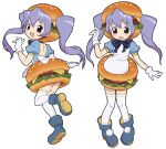  1girl absurdres blue_footwear brown_eyes burger colinarmis food food-themed_clothes gloves hand_up highres leg_up long_hair multiple_views open_mouth original purple_hair short_sleeves simple_background thighhighs twintails white_background white_gloves white_thighhighs 