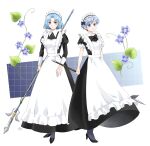  2girls absurdres apron black_dress black_footwear blue_eyes blue_flower blue_hair blush commentary_request curtained_hair dress fire_emblem fire_emblem:_the_binding_blade flower high_heels highres holding holding_polearm holding_weapon long_dress maid_apron maid_headdress midori_no_baku multiple_girls pantyhose polearm shanna_(fire_emblem) short_hair smile spear teeth thea_(fire_emblem) weapon white_background 