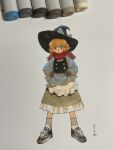  1girl alternate_costume ankle_socks art_tools_in_frame black_footwear black_headwear black_skirt black_vest blonde_hair bow buttons frilled_skirt frills hat hat_bow highres kirisame_marisa long_sleeves puffy_sleeves red_scarf scarf shiratama_(hockey) shirt shoes skirt sneakers socks solo touhou traditional_media vest white_background white_shirt witch_hat 