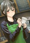  1girl apron black_hair black_shirt brown_eyes collared_shirt commentary cup disposable_cup echo-kilo green_apron highres holding holding_cup holding_pen inuzuka_miwa looking_at_viewer pen shirt short_hair solo tsukiatte_agetemo_ii_kana upper_body 