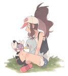  1girl baseball_cap black_vest boots brown_hair closed_mouth commentary_request ducklett gothita grass hat high_ponytail highres hilda_(pokemon) hime_(himetya105) long_hair looking_down open_clothes open_vest pokemon pokemon_(creature) pokemon_bw shirt short_shorts shorts sidelocks sitting sleeveless sleeveless_shirt smile vest white_background white_headwear white_shirt 