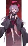  1girl :d black_dress blue_archive cleavage_cutout clothing_cutout daifuku_(tkja3555) dress flat_chest full_body gauze gauze_on_cheek grey_hair grey_jacket halo highres jacket long_hair looking_at_viewer open_mouth red_eyes red_halo shuro_(blue_archive) sleeveless smile solo standing tabi teeth upper_teeth_only 