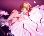  1girl angel_wings antenna_hair breasts cardcaptor_sakura choker commentary_request crescent_moon dosukoi_humitarou dress from_side hairband high_heels highres hugging_own_legs kinomoto_sakura looking_at_viewer moon red_choker red_hairband red_ribbon ribbon short_hair sky small_breasts solo star_(sky) starry_sky thigh_strap white_dress wings 