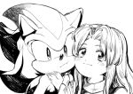  1boy 1girl :t animal_ears animal_nose aoki_(fumomo) blush body_fur cheek-to-cheek closed_mouth commentary_request furry furry_male greyscale hair_intakes hairband hand_on_another&#039;s_hand hands_up happy heads_together long_hair looking_at_viewer maria_robotnik monochrome neck_fur palms_together partial_commentary shadow_the_hedgehog sidelocks simple_background sketch smile sonic_(series) sonic_adventure_2 spiked_hair upper_body white_background 