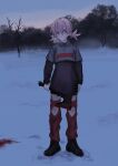  1girl absurdres axe bare_tree black_footwear blood blood_on_clothes blood_on_weapon breath chaps ear_piercing full_body highres holding holding_axe holding_weapon long_sleeves looking_at_viewer original outdoors piercing pink_hair purple_eyes short_twintails snow solo standing toxic_ghost tree twintails weapon 