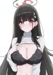  1girl absurdres black_bra black_hair blue_archive blunt_bangs blush bra breasts bright_pupils cleavage cropped_sweater halo hand_on_own_chest highres large_breasts long_hair long_sleeves looking_at_viewer mofu07519 navel red_eyes ribbed_sweater rio_(blue_archive) simple_background solo straight_hair sweater underwear very_long_hair white_background white_pupils white_sweater 