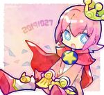  1boy blue_eyes border cape crown dated diamond-shaped_pupils diamond_(shape) doradorakingyo dress looking_at_viewer male_focus mini_crown mittens ocean_prince open_mouth outline pink_dress puyopuyo puyopuyo_fever red_cape salde_canarl_shellbrick_iii short_hair sitting solo symbol-shaped_pupils white_border white_footwear white_outline yellow_mittens 