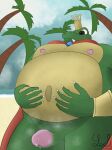  absurd_res anthro balls beach belly bodily_fluids bracelet cape clothing crown donkey_kong_(series) genital_fluids genitals glans headgear hi_res jewelry king_k._rool kremling male male/male nails nintendo nipples outside palms penis precum reptile scalie seaside slightly_chubby smelly smelly_penis smile solo steam teeth yose_stones 