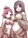  2girls bare_shoulders blush breasts brown_eyes brown_feathers brown_hair brown_wings cleavage commentary_request feathered_wings feathers hair_between_eyes harpy highres large_breasts looking_at_viewer medium_breasts medium_hair midriff mon-musu_quest! mon-musu_quest:_paradox monster_girl multiple_girls navel open_mouth pii_(mon-musu_quest!) pina_(mon-musu_quest!) plunging_neckline raichi_(ddq0246) red_eyes red_hair siblings simple_background sisters white_background winged_arms wings 