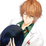  1boy blue_eyes chromatic_aberration dutch_angle earrings hat holding holding_clothes holding_hat jacket jewelry male_focus nako_(unclebanana) nicola_francesa one_eye_closed orange_hair piofiore_no_bansho ring solo stud_earrings suit_jacket upper_body white_jacket 