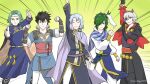  5boys ^_^ absurdres arm_up black_gloves black_hair blue_scarf cape circlet clenched_hand closed_eyes closed_mouth commentary_request emphasis_lines eyepatch fake_horns fire_emblem fire_emblem:_genealogy_of_the_holy_war fire_emblem:_the_blazing_blade fire_emblem:_three_houses fire_emblem_awakening fire_emblem_fates fire_emblem_heroes gloves gradient_background green_background green_eyes green_hair hair_over_one_eye highres horns lewyn_(fire_emblem) lon&#039;qu_(fire_emblem) medium_hair midori_no_baku multiple_boys niles_(fire_emblem) pent_(fire_emblem) purple_cape scarf seteth_(fire_emblem) short_hair simple_background smile teeth two-tone_background two-tone_scarf white_background white_scarf 