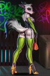  anthro big_butt biped blush butt canid canine clothed clothing eyelashes female footwear fur hi_res high_heels johnfoxart legwear looking_at_viewer looking_back looking_back_at_viewer mammal multicolored_body multicolored_fur pupils solo standing thigh_highs two_tone_body two_tone_fur 